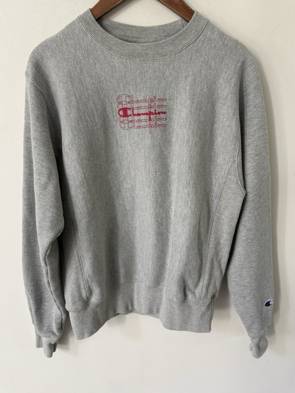 Champion Reverse Weave Sweatshirt Gray Crew Neck Pullover Spell Out Logo Small